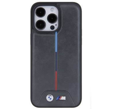حافظة BMW M PU من الجلد بنمط ثلاثي الألوان مبطن لهاتف iPhone 15 Pro - رمادي