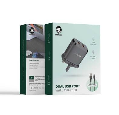 شاحن حائط بمنفذ USB مزدوج 2.4 أمبير بقدرة 18 وات من Green Lion + كابل بيانات USB من النوع C بطول 1 متر - أسود