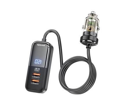 Porodo 120W Transparent Multi Port Car Charger with Rear Expansion - Black - أسود