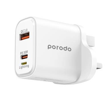 Porodo Triple Port PD QC Lightning 30W Charger UK Plug - White
