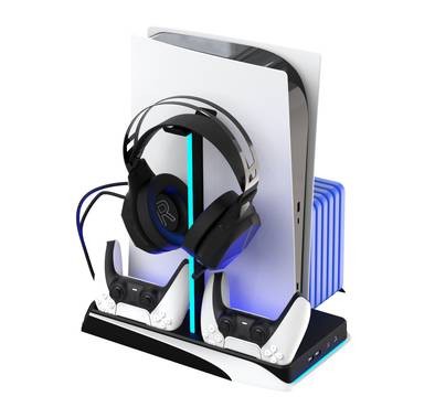 جهاز PS5 متعدد الوظائف للألعاب من Porodo ومركز تبريد وشحن لسماعات الرأس - أبيض أسود