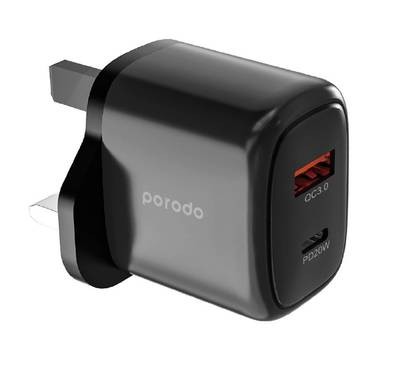 بورودو 20 واط+QC USB A+C شاحن المملكة المتحدة - أسود