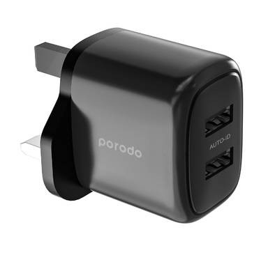 شاحن Porodo المزدوج USB السريع مع تقنية الهوية التلقائية - أسود