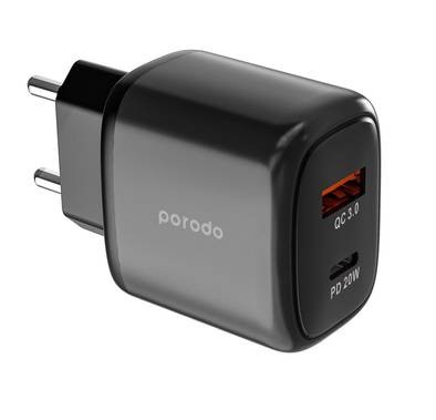 شاحن سريع مزدوج الإخراج من Porodo EU USB-C PD وUSB-A QC - أسود