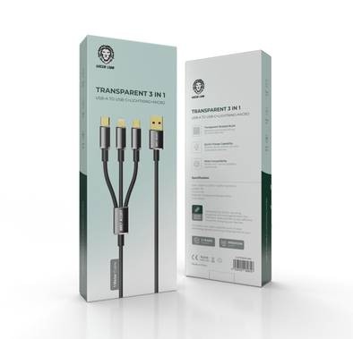 Green Lion Transparent 3 In 1 Cable USB-A To USB-C + Lightning + Micro - Black