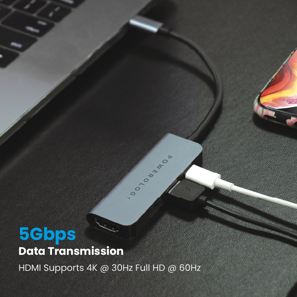 Powerology 4 in 1 USB-C Hub: Charge & Sync with HDMI 4K, USB 0, 60W PD
