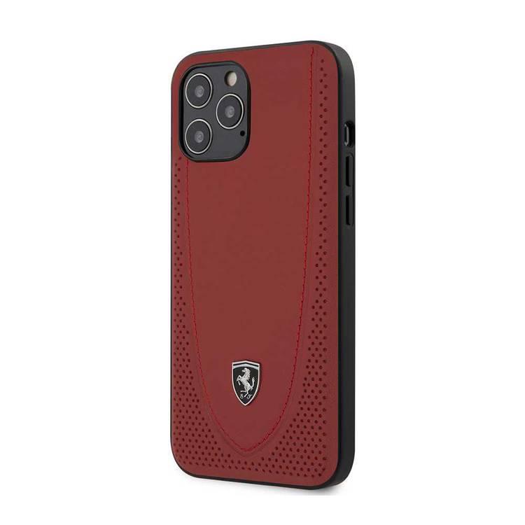 Ferrari Off Track Genuine Leather Hard Case with Curved Line Stitched and Contrasted Perforated Leather for iPhone 12 / 12 Pro (6.1") - Red