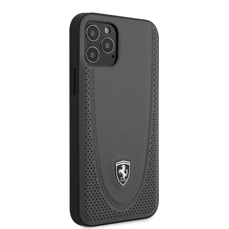 Ferrari Off Track Genuine Leather Hard Case with Curved Line Stitched and Contrasted Perforated Leather for iPhone 12 Pro Max (6.7") - Dark Gray