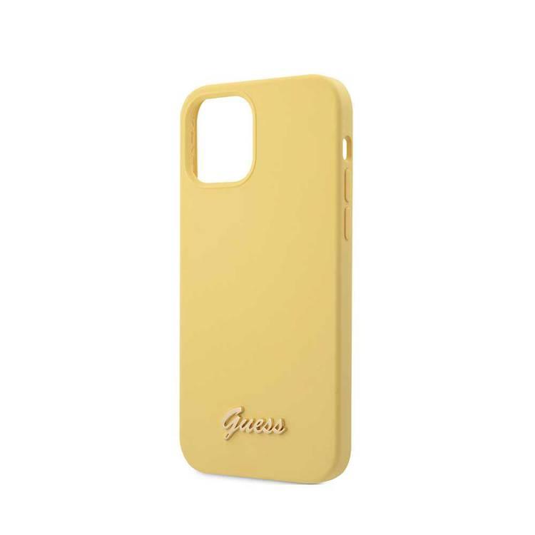 CG Mobile Guess Liquid Silicone Case with Metal Logo Script for iPhone 12 / 12 Pro (6.1") Shock & Scratch Resistant, Suitable with Wireless Chargers Officially Licensed - Yellow