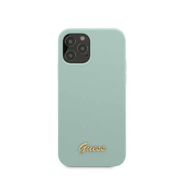 CG Mobile Guess Liquid Silicone Case with Metal Logo Script for iPhone 12 / 12 Pro (6.1") Shock & Scratch Resistant, Suitable with Wireless Chargers Officially Licensed - Light Blue