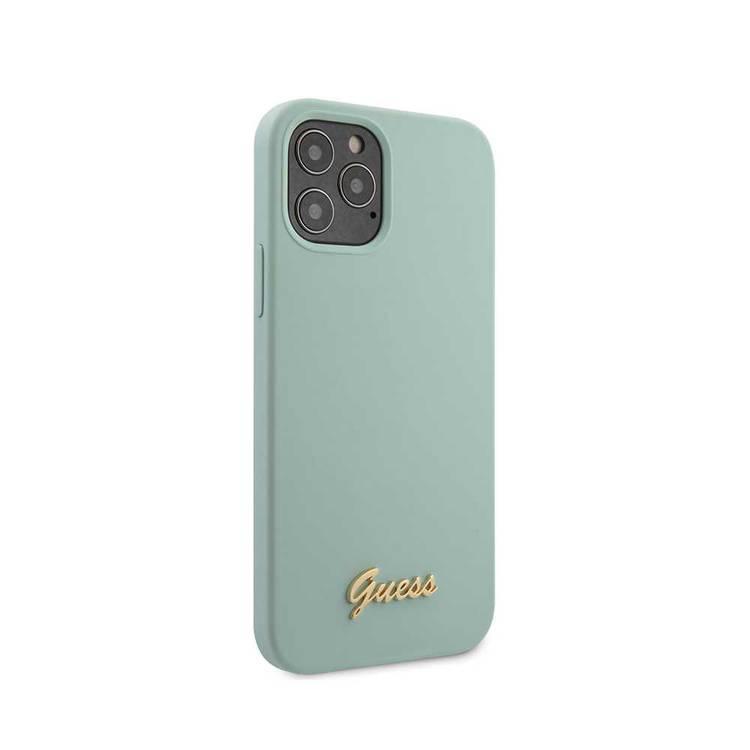 CG Mobile Guess Liquid Silicone Case with Metal Logo Script for iPhone 12 / 12 Pro (6.1") Shock & Scratch Resistant, Suitable with Wireless Chargers Officially Licensed - Light Blue