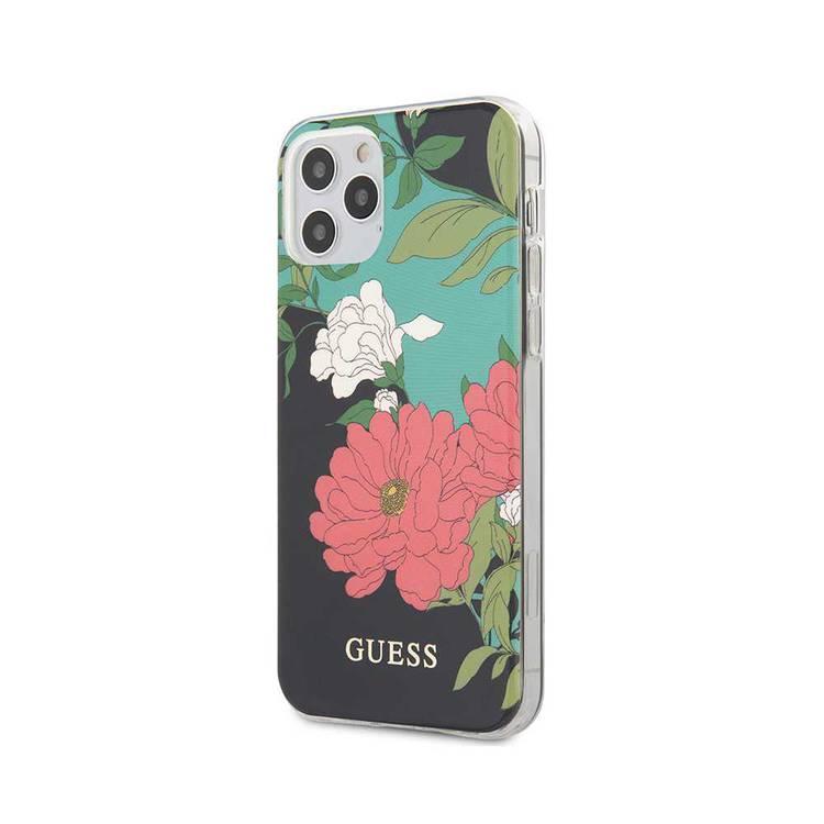 CG Mobile Guess PC/TPU Flower Collection Shiny Pattern Case for iPhone 12 / 12 Pro (6.1") Shock & Drop Protection Suitable with Wireless Chargers Officially Licensed - Black