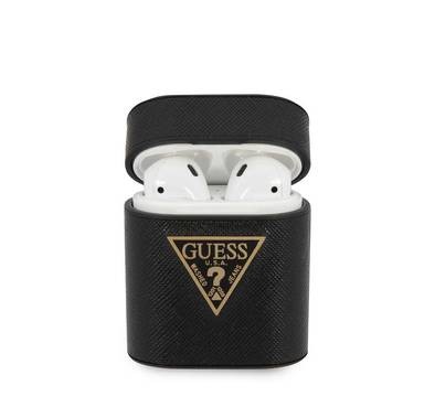 CG Mobile Guess PU Saffiano Round Shape Case with Metal Logo Compatible for AirPods 1/2, Scratch & Drop Resistant, Dustproof & Absorbing Protective Cover Officially Licensed - Black