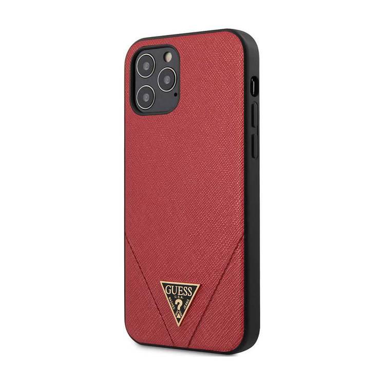 CG Mobile Guess PU Saffiano V Stitched with Metal Logo Case for iPhone 12 / 12 Pro (6.1") Shock & Drop Protection Suitable with Wireless Chargers Officially Licensed - Red