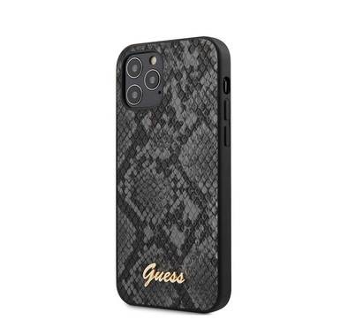 CG MOBILE Guess PU Python Pattern Phone Case with Metal Logo Compatible for iPhone 12/12 Pro (6.1") Mobile Case Suitable with Wireless Charging Officially Licensed - Black