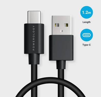 Powerology USB A to USB C (PUC3ABK) Fast Charge 1.2m PVC Cable - Black