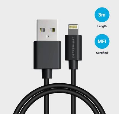 Powerology USB-A to Lightning Cable 3M, Fast Charging, Data Sync, Super Durable, Compatible with iPads, iPhones and Airpods/Airpods Pro - Black