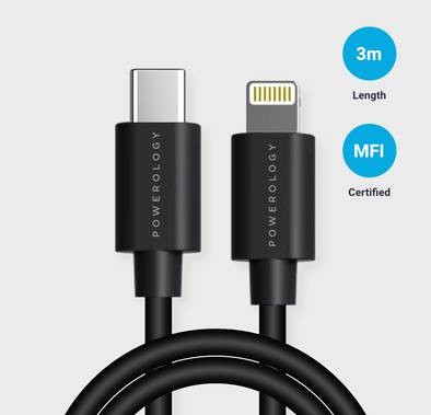 Powerology USB C to Lightning P3BCLBK Fast Charging 3m Cable - Black