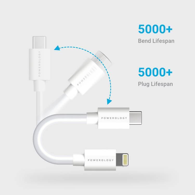 Powerology USB-C to Lightning Cable 0.25m, Fast Charging, Data Sync, Super Durable, Compatible with iPads, iPhones and Airpods/Airpods Pro to USB Type C Cable interface, (White)