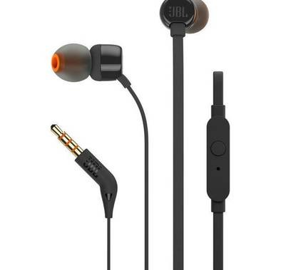 JBL T110 Wired Universal In-Ear Headphones, Pure Bass Sound, Tangle-free, One Button Remote with Microphone, Headset Compatible with All Devices - Black