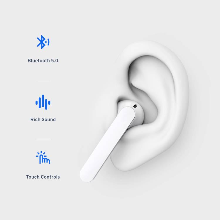 Powerology True Wireless Stereo Buds, Secure Universal Fit, Bluetooth 5.0 Earphones Auto-Pair Wireless, Touch Controls, Rich Sound (White)