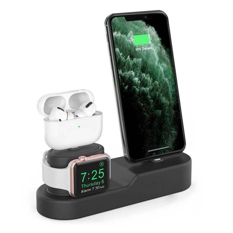 AhaStyle 3 in 1 Silicone Charging Dock/Silicone Stand and Cable organizer Compatible for Charging All iPhone Models, AirPods Pro/1/2, and Apple Watch Series 5/4/3/2/1 - Black