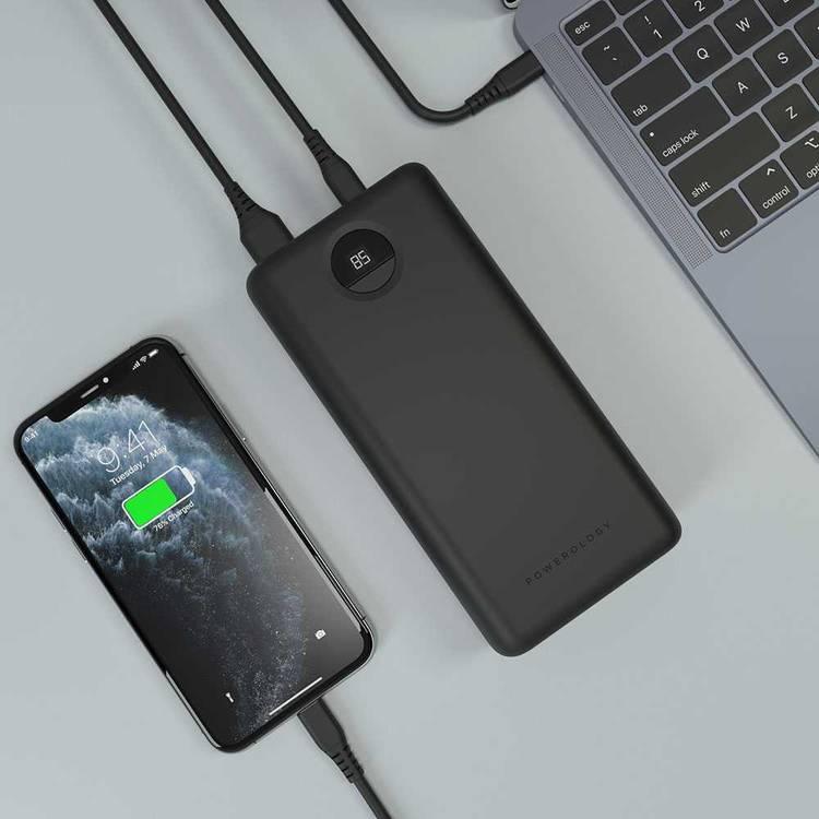 Powerology Power Bank with Charging Cable, Quick Charge Portable Power Bank 30000mAh PD 45W Fast Charging Power Bank with Type-C to Type-C Cable 0.9M