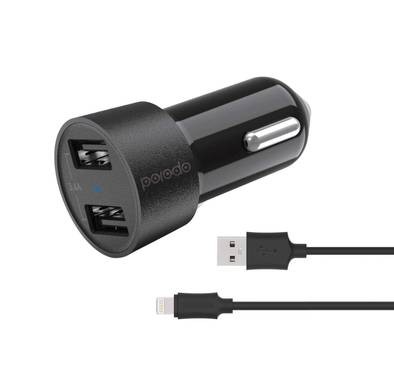 Porodo Dual USB Car Charger 3.4A with Cable 4ft. Compatible for Lightning Devices iPhone 11/11 Pro/11 Pro Max & Old Series, Universal Compatibility Car Adapter Safe & Reliable - Black
