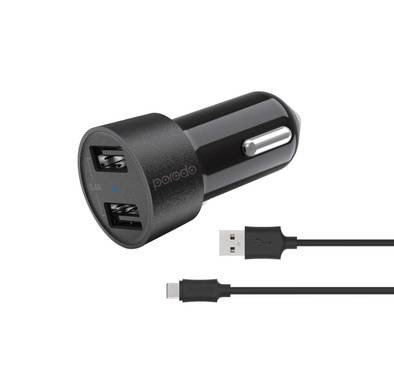 Porodo Dual USB Car Charger 3.4A with Type-C Cable 4ft. Compatible for Type-C Devices, Universal Compatibility Car Adapter Safe & Reliable - Black