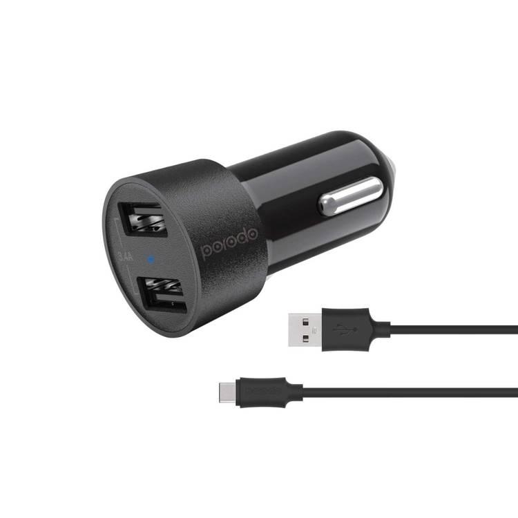 Porodo Dual USB Car Charger 3.4A with Type-C Cable 4ft. Compatible for Type-C Devices, Universal Compatibility Car Adapter Safe & Reliable - Black