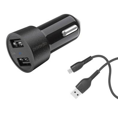 Porodo Dual USB Car Charger 3.4A with Micro USB Cable 4ft. Compatible for Micro Devices, Universal Compatibility Car Adapter Safe & Reliable - Black
