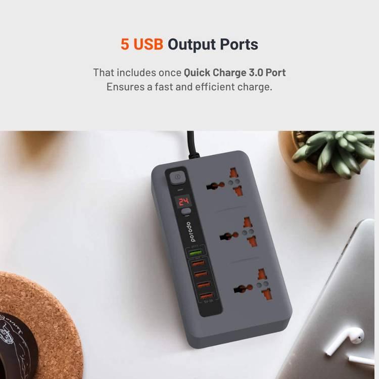Power Socket (PD-5P3SQC-BK) 4 USB Port 3.4A + 1 Quick Charge 3.0 Charging Station - Gray
