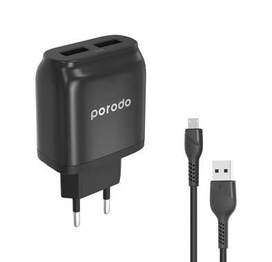 Porodo Main Charger with Cable, Ultra-Compact Dual USB Wa...