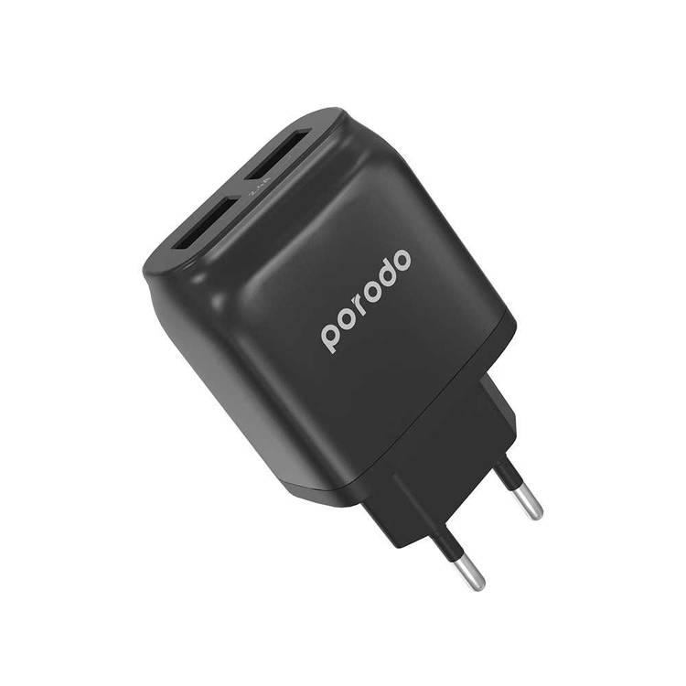 Porodo DUAL USB Wall Charger, 2.4A with Improved Version PVC Micro USB Cable 1.2m EU 2 Pin Plug Compatible for Micro Devices.