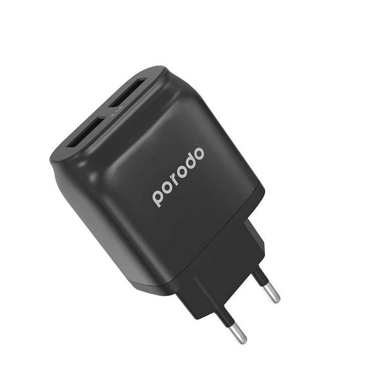Porodo Main Charger with Cable, Dual USB Wall Charger 2.4A with Improved Version PVC Type-C Cable 1.2m EU 2pin Plug for Type-C Devices, Fast Charging Adapter & Connector Black