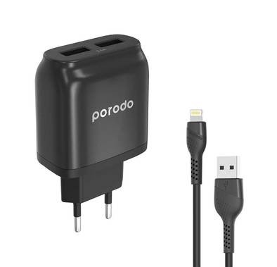 Porodo Main Charger with Cable, Dual USB Wall Charger 2.4A with Improved Version PVC Cable Compatible for Lightning Devices 1.2m EU 2pin Plug, Fast Charging Adapter & Connector - Black