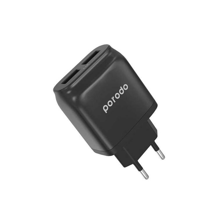 Porodo Main Charger with Cable, Dual USB Wall Charger 2.4A with Improved Version PVC Cable Compatible for Lightning Devices 1.2m EU 2pin Plug, Fast Charging Adapter & Connector - Black