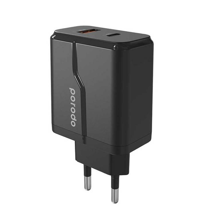 Porodo Dual Port Wall Charger PD 20W + Quick Charge 3.0 with Braided Type-C to Lightning PD Cable 1.2m EU for iPhone 13Mini/13/13Pro/13Pro Max/ect., Black