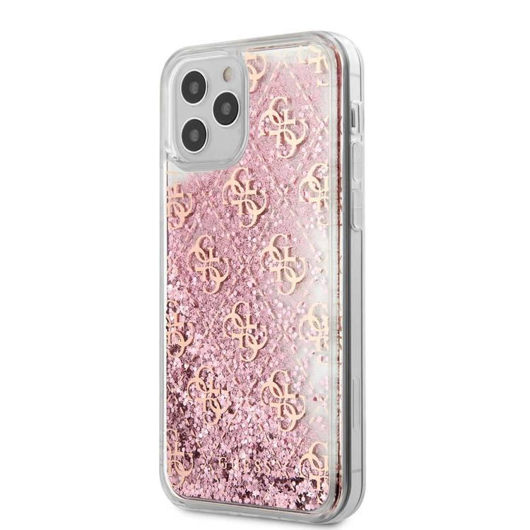 CG Mobile Guess Liquid Glitter 4G Pattern Case Compatible for iPhone 12 Pro Max (6.7") Shock-Absorption, Anti-Scratch, Drop Resistant, Easy Access To All Ports, Protective Back Cover Suitable for Wireless Charger Officially Licensed - Pink Gold