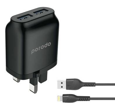 Porodo Main Charger, Dual USB Wall Charger 2.4A with Improved Version PVC Lightning Cable, Fast Charging, Over-heat Protection 1.2m Black - UK
