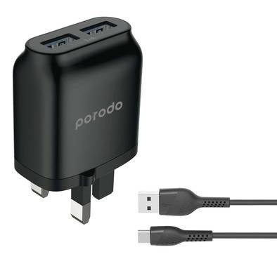 Porodo Main Charger, Dual USB Wall Charger 2.4A with Improved Version PVC Type-C Cable 1.2m for Type-C Devices, UK 3pin Plug, Fast Charge Adapter & Cable with Over-heat Protection Black