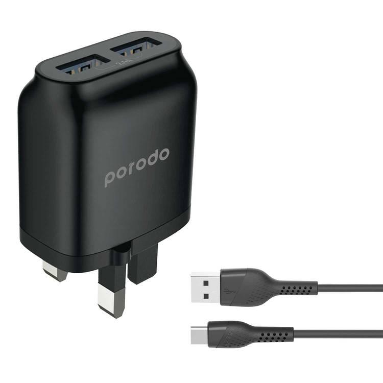 Porodo Main Charger, Dual USB Wall Charger 2.4A with Improved Version PVC Type-C Cable 1.2m for Type-C Devices, UK 3pin Plug, Fast Charge Adapter & Cable with Over-heat Protection Black