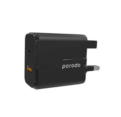 Porodo USB-C Charger, Dual Port Wall Charger Power Delivery 20W + Quick Charge 3.0 UK 3pin Plug, Fast Charging Adapter with Built-in Protective Mechanism & Fire Retardant - Black
