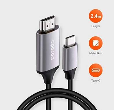 Porodo Type-C to 4K HDMI Cable 2m/6.6ft with Premium Aluminum Shell Finish, 4K Video@60Hz, High Definition HDMI Connector, Durable PVC Connection, Plug & Play Cord - Gray