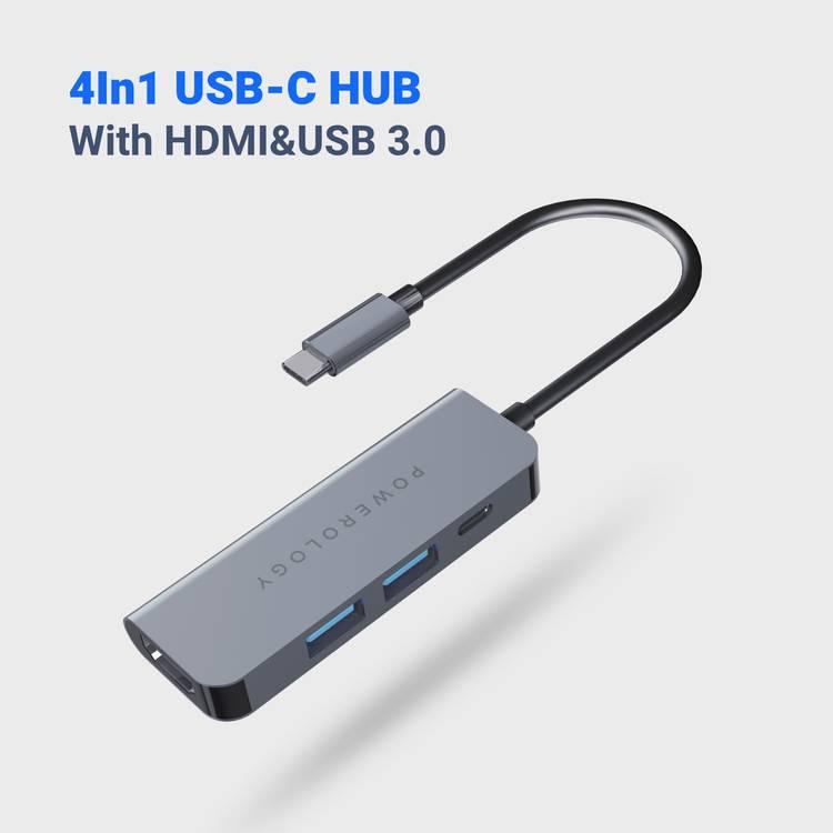 Powerology USB-C Hub 4 in 1 Charge & Sync Aluminum Body with HDMI 4K USB 3.0 60W PD for MacBook Pro/Dell XPS 13 & 15/Microsoft Surface Book/Asus Chromebook & Zenbook Pro & More