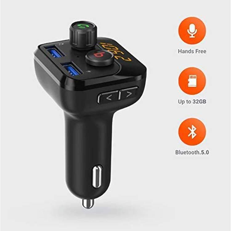 Porodo Wireless FM Transmitter Dual USB Port Car Charger 3.4A  QC3.0 with Bass Boost, Hands-free Calling Car Kit, Bluetooth 5.0, Universal Compatibility Car Adapter with LED Indicator Black