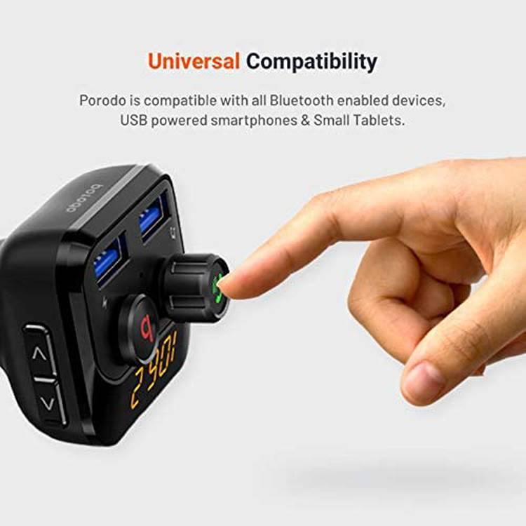 Porodo Wireless FM Transmitter Dual USB Port Car Charger 3.4A  QC3.0 with Bass Boost, Hands-free Calling Car Kit, Bluetooth 5.0, Universal Compatibility Car Adapter with LED Indicator Black