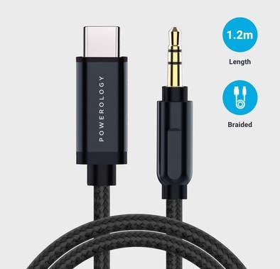 Powerology USB C Cable 3.5mm Audio Aux Jack Cable, Aluminum Braided Type C Adapter to 3.5mm Headphone Stereo Cord Car, iPad Pro 2018 Google Pixel 2 3 XL Moto Z and Galaxy Note10+ Huawei HTC (Gray)