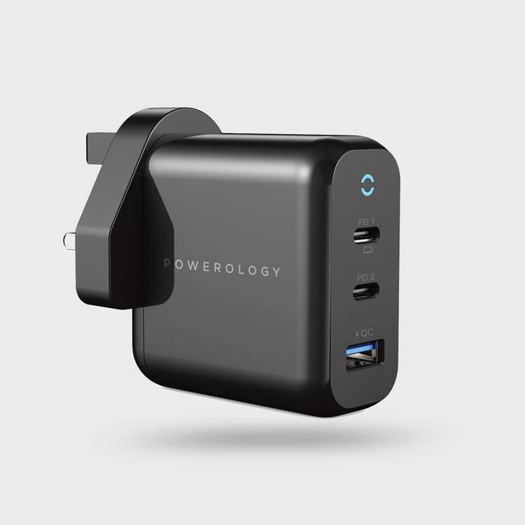 Powerology Wall Charger UK, 65W 3-Output with PD UK GaN Wall Charger with USB-A Fast Charging, MacBook Pro and Bottom Fast Charging Adapter (Black)