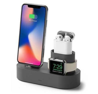 Elago 3 in 1 Silicone Charging Hub Case, Charging Dock Cover with Cable Management Compatible for All Apple Watch Series, AirPods 1 & 2, and iPhone X, XS, XS Max, XR - Dark Gray